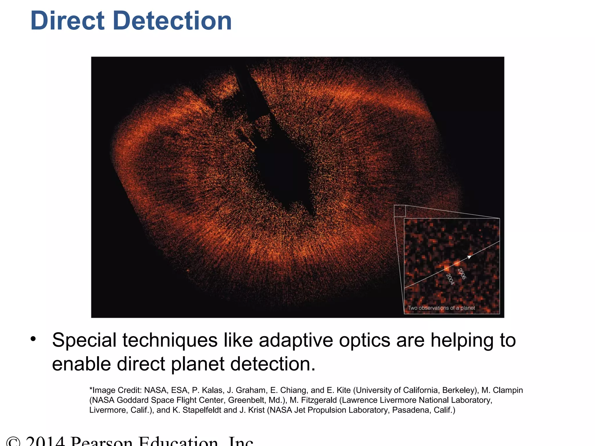 *Image Credit: NASA, ESA, P. Kalas, J. Graham, E. Chiang, and E. Kite (University of California, Berkeley), M. Clampin
(NASA Goddard Space Flight Center, Greenbelt, Md.), M. Fitzgerald (Lawrence Livermore National Laboratory,
Livermore, Calif.), and K. Stapelfeldt and J. Krist (NASA Jet Propulsion Laboratory, Pasadena, Calif.)
Direct Detection
• Special techniques like adaptive optics are helping to
enable direct planet detection.
 