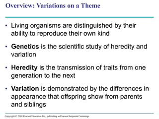 Overview: Variations on a Theme
• Living organisms are distinguished by their
ability to reproduce their own kind
• Genetics is the scientific study of heredity and
variation
• Heredity is the transmission of traits from one
generation to the next
• Variation is demonstrated by the differences in
appearance that offspring show from parents
and siblings
Copyright © 2008 Pearson Education Inc., publishing as Pearson Benjamin Cummings
 