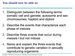 You should now be able to:
1. Distinguish between the following terms:
somatic cell and gamete; autosome and sex
chromosomes; haploid and diploid
2. Describe the events that characterize each
phase of meiosis
3. Describe three events that occur during
meiosis I but not mitosis
4. Name and explain the three events that
contribute to genetic variation in sexually
reproducing organisms
Copyright © 2008 Pearson Education Inc., publishing as Pearson Benjamin Cummings
 