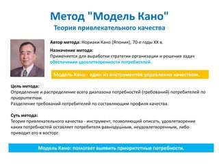 Метод "Модель Кано"
                   Теория привлекательного качества
                 Автор метода: Нориаки Кано (Япония), 70-е годы ХХ в.
                 Назначение метода:
                 Применяется для выработки стратегии организации и решения задач
                 обеспечения удовлетворенности потребителей.

                  Модель Кано - один из инструментов управления качеством.

Цель метода:
Определение и распределение всего диапазона потребностей (требований) потребителей по
приоритетам.
Разделение требований потребителей по составляющим профиля качества.

Суть метода:
Теория привлекательного качества - инструмент, позволяющий описать, удовлетворение
каких потребностей оставляет потребителя равнодушным, неудовлетворенным, либо
приводит его в восторг.


            Модель Кано: помогает выявить приоритетные потребности.
 