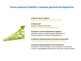 Этапы оценки Usability в рамках данной методологии


                1) Изучить бизнес-процесс
                Заполнить карту BMC (Business Model Canvas)

                2) Изучить ЦА
                Создать персонаж (Personas)
                Заполнить Карту эмпатии (Empathy map)

                3) Провести анализ программного продукта
                Составить перечень существующего функционала
                Составить перечень желаемого функционала

                4) Провести приоритезацию полученных показателей
                Составить диаграмму приоритетов (KANO-Diagram)

                5) Составить рекомендации по оптимизации UI
                Составить в табличном виде список улучшений / изменений
                Создать низкодифференцированные прототипы экранных форм
 