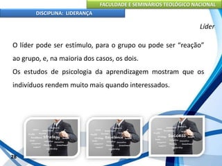 FACULDADE E SEMINÁRIOS TEOLÓGICO NACIONAL
DISCIPLINA: LIDERANÇA
O líder pode ser estímulo, para o grupo ou pode ser “reação”
ao grupo, e, na maioria dos casos, os dois.
Os estudos de psicologia da aprendizagem mostram que os
indivíduos rendem muito mais quando interessados.
28
Líder
 
