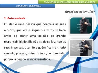 FACULDADE E SEMINÁRIOS TEOLÓGICO NACIONAL
DISCIPLINA: LIDERANÇA
1. Autocontrole
O líder é uma pessoa que controla as suas
reações, que vira a língua dez vezes na boca
antes de emitir uma opinião de grande
responsabilidade. Ele não se deixa levar pelos
seus impulsos; quando alguém fica malcriado
com ele, procura, antes de tudo, compreender
porque a pessoa se mostra irritada.
40
Qualidade de um Líder
 
