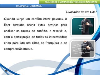 FACULDADE E SEMINÁRIOS TEOLÓGICO NACIONAL
DISCIPLINA: LIDERANÇA
Quando surge um conflito entre pessoas, o
líder costuma reunir estas pessoas para
analisar as causas do conflito, e resolvê-lo,
com a participação de todos os interessados;
criou para isto um clima de franqueza e de
compreensão mútua.
46
Qualidade de um Líder
 