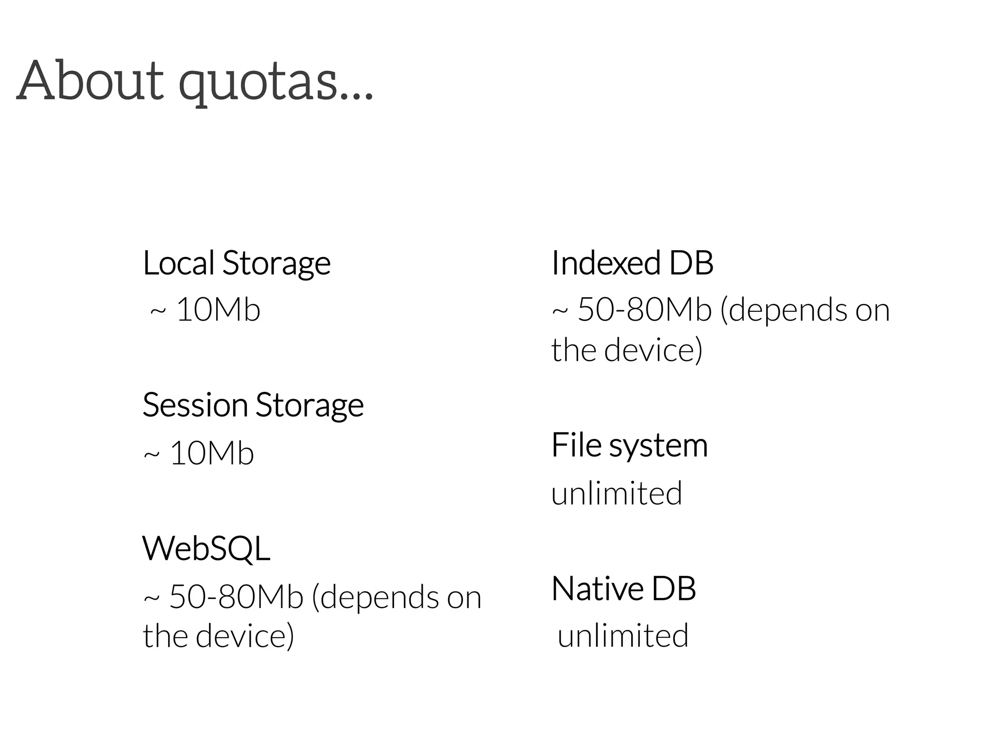About quotas...
Local Storage 

~ 10Mb

Session Storage 

~ 10Mb

WebSQL 


~ 50-80Mb (depends on
the device)

Indexed DB
~ 50-80Mb (depends on
the device)

File system 

unlimited

Native DB
unlimited
 