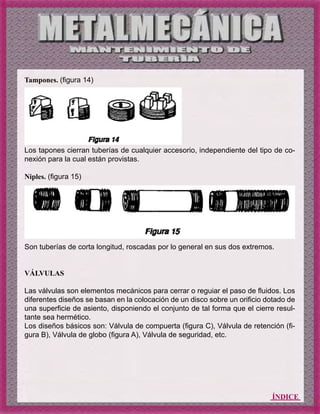 ÍNDICE
Tampones. (figura 14)
Los tapones cierran tuberías de cualquier accesorio, independiente del tipo de co-
nexión para la cual están provistas.
Niples. (figura 15)
Son tuberías de corta longitud, roscadas por lo general en sus dos extremos.
VÁLVULAS
Las válvulas son elementos mecánicos para cerrar o reguiar el paso de fluidos. Los
diferentes diseños se basan en la colocación de un disco sobre un orificio dotado de
una superficie de asiento, disponiendo el conjunto de tal forma que el cierre resul-
tante sea hermético.
Los diseños básicos son: Válvula de compuerta (figura C), Válvula de retención (fi-
gura B), Válvula de globo (figura A), Válvula de seguridad, etc.
 