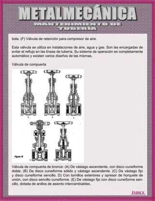 ÍNDICE
bola. (F) Válvula de retención para compresor de aire.
Esta válvula se utiliza en instalaciones de aire, agua y gas. Son las encargadas de
evitar el reflujo en las líneas de tubería. Su sistema de operación es completamente
automático y existen varios diseños de las mismas.
Válvula de compuerta
Válvula de compuerta de bronce: (A) De vástago ascendente, con disco cuneiforme
doble. (B) De disco cuneiforme sólido y vástago ascendente. (C) De vástago fijo
y disco cuneiforme sencillo. D) Con tornillos exteriores y opresor de horquete de
unión, con disco sencillo cuneiforme. (E) De vástago fijo con disco cuneiforme sen-
cillo, dotada de anillos de asiento intercambiables.
 