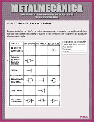 ÍNDICE
SÍMBOLOS DE VÁLVULAS Y ACCESORIOS:
La gran variedad de diseño de estos elementos se representa por medio de símbo-
los que es necesario conocer por cuanto los encontramos en los planos de cualquier
sistema de tubería.
 
