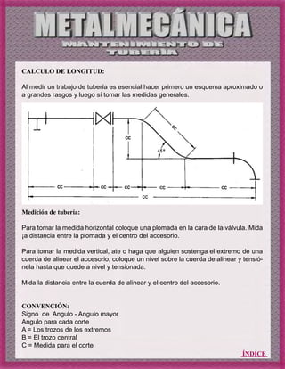 ÍNDICE
CALCULO DE LONGITUD:
Al medir un trabajo de tubería es esencial hacer primero un esquema aproximado o
a grandes rasgos y luego sí tomar las medidas generales.
Medición de tubería:
Para tomar la medida horizontal coloque una plomada en la cara de la válvula. Mida
¡a distancia entre la plomada y el centro del accesorio.
Para tomar la medida vertical, ate o haga que alguien sostenga el extremo de una
cuerda de alinear el accesorio, coloque un nivel sobre la cuerda de alinear y tensió-
nela hasta que quede a nivel y tensionada.
Mida la distancia entre la cuerda de alinear y el centro del accesorio.
CONVENCIÓN:
Signo de Angulo - Angulo mayor
Angulo para cada corte
A = Los trozos de los extremos
B = El trozo central
C = Medida para el corte
 