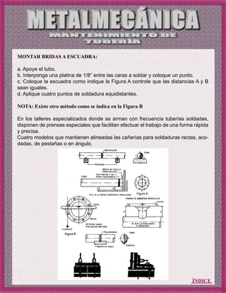 ÍNDICE
MONTAR BRIDAS A ESCUADRA:
a. Apoye el tubo.
b. Interponga una platina de 1/8” entre las caras a soldar y coloque un punto.
c. Coloque la escuadra como indique la Figura A controle que las distancias A y B
sean iguales.
d. Aplique cuatro puntos de soldadura equidistantes.
NOTA: Existe otro método como se indica en la Figura B
En los talleres especializados donde se arman con frecuencia tuberías soldadas,
disponen de prensas especiales que facilitan efectuar el trabajo de una forma rápida
y precisa.
Cuatro modelos que mantienen alineadas las cañerías para soldaduras rectas, aco-
dadas, de pestañas o en ángulo.
 