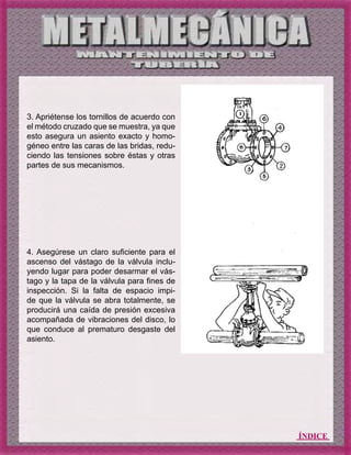 ÍNDICE
3. Apriétense los tornillos de acuerdo con
el método cruzado que se muestra, ya que
esto asegura un asiento exacto y homo-
géneo entre las caras de las bridas, redu-
ciendo las tensiones sobre éstas y otras
partes de sus mecanismos.
4. Asegúrese un claro suficiente para el
ascenso del vástago de la válvula inclu-
yendo lugar para poder desarmar el vás-
tago y la tapa de la válvula para fines de
inspección. Si la falta de espacio impi-
de que la válvula se abra totalmente, se
producirá una caída de presión excesiva
acompañada de vibraciones del disco, lo
que conduce al prematuro desgaste del
asiento.
 