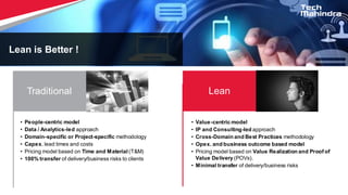 • People-centric model
• Data / Analytics-led approach
• Domain-specific or Project-specific methodology
• Capex. lead times and costs
• Pricing model based on Time and Material (T&M)
• 100% transfer of delivery/business risks to clients
Traditional
• Value-centric model
• IP and Consulting-led approach
• Cross-Domain and Best Practices methodology
• Opex. and business outcome based model
• Pricing model based on Value Realization and Proof of
Value Delivery (POVs).
• Minimal transfer of delivery/business risks
Lean
Lean is Better !
 