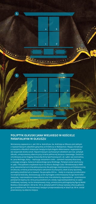 a
c
b
d
1.
2.
a
e
d
h
b
f
c
g
POLIPTYK OLKUSKI JANA WIELKIEGO W KOŚCIELE
PARAFIALNYM W OLKUSZU
Wzniesiony zapewne w 1. poł. XIV w. kościół pw. św. Andrzeja w Olkuszu jest jednym
z najważniejszych zabytków gotyckiej architektury w Małopolsce. Mająca świadczyć
o znaczeniu olkuskich mieszczan świątynia była bogato dekorowana i wyposażona
we wspaniałe dzieła sztuki. Najcenniejszym zachowanym obiektem jest tzw. poliptyk
olkuski, umiejscowiony obecnie przy ścianie północnej korpusu nawowego. Został on
ufundowany przez bogatą mieszczkę Annę Sperhozową (zm. ok. 1482) i jej siostrzeńca,
ks. Jana Wolnego, który – realizując testament ciotki – zamówił nastawę ołtarzową
u swojego szwagra, malarza krakowskiego Jana Wielkiego. Poliptyk został ukończony
w 1485 r. Początkowo znajdował się on na ołtarzu Bożego Ciała i Wniebowzięcia NMP,
przy sakramentarium (charakterystycznej dla późnego średniowiecza architektonicznej
strukturze, w której przechowywano sakrament Eucharystii), obok ściany tęczowej,
pomiędzy prezbiterium a nawami. Na początku XVII w. – kiedy to znacząco przekształco-
no wnętrze kościoła, dostosowując je do wymogów zreformowanej liturgii kontrrefor-
macyjnej, i wprowadzono nowe ołtarze oraz inne elementy wyposażenia – przeniesiono
poliptyk do kaplicy św. Anny przy prezbiterium; wtedy najprawdopodobniej w części
środkowej nastawy, na tle renesansowej niszy, umieszczono późnogotycką figurę Matki
Boskiej z Dzieciątkiem. Od lat 60. XX w. poliptyk pełnił funkcję nastawy ołtarza główne-
go w prezbiterium. Po konserwacji świątyni przeprowadzonej w latach 90. XX w. został
przeniesiony na obecne miejsce.
 