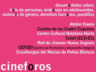 cineforos
documentales sobre:
trata de personas, embarazo en adolescentes,
violencia de género, derechos humanos, pandillas
Atelier Favela
Cancha de las Cuatro Esquinas
Centro Cultural Batahola Norte
Estelí (ECO-ES)
Red de Jóvenes Nueva Segovia
CEFODI (Centro de Formación y Desarrollo Integral)
Ecoalbergue del Macizo de Peñas Blancas
 