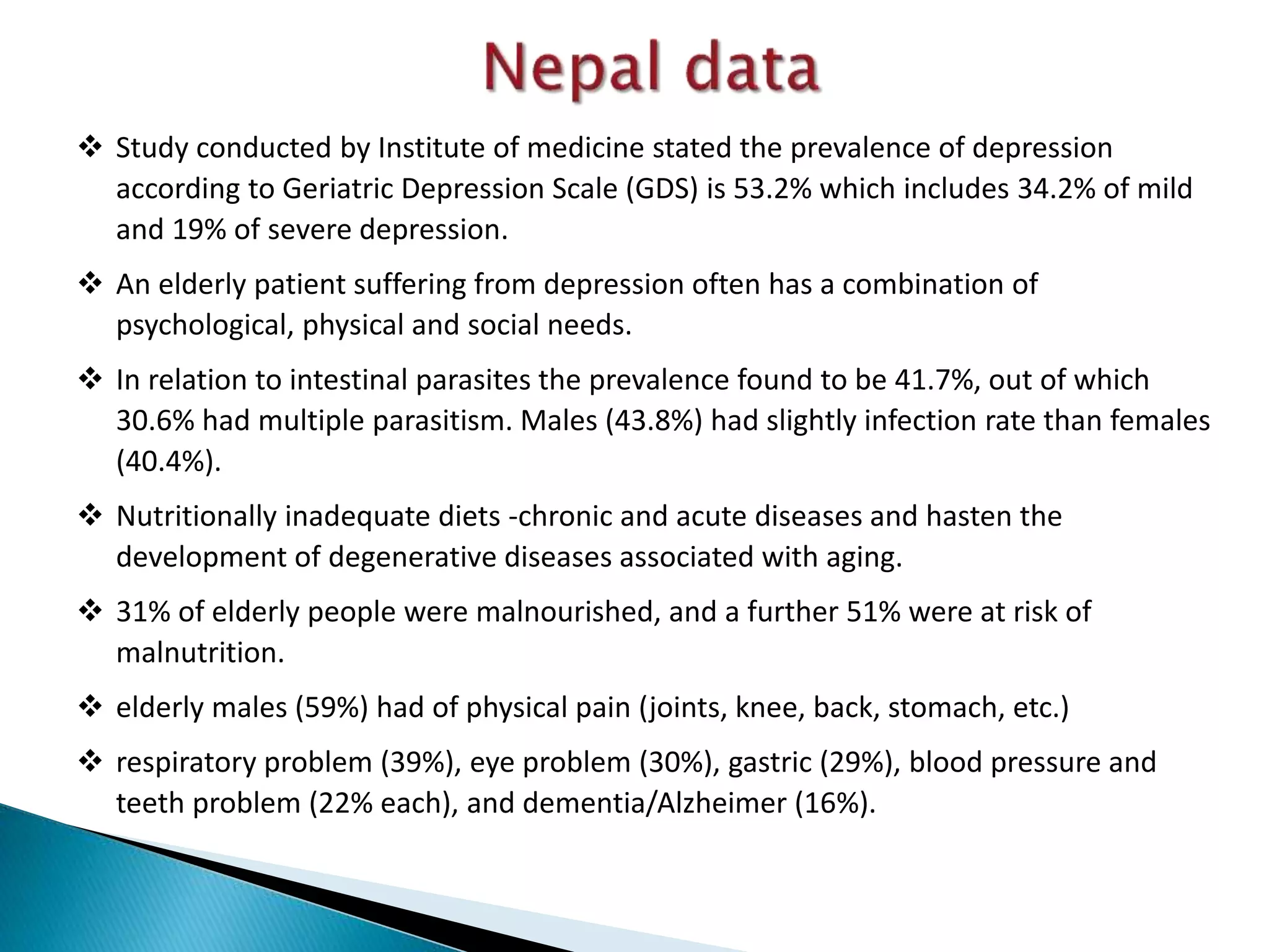  Study conducted by Institute of medicine stated the prevalence of depression
according to Geriatric Depression Scale (GDS) is 53.2% which includes 34.2% of mild
and 19% of severe depression.
 An elderly patient suffering from depression often has a combination of
psychological, physical and social needs.
 In relation to intestinal parasites the prevalence found to be 41.7%, out of which
30.6% had multiple parasitism. Males (43.8%) had slightly infection rate than females
(40.4%).
 Nutritionally inadequate diets -chronic and acute diseases and hasten the
development of degenerative diseases associated with aging.
 31% of elderly people were malnourished, and a further 51% were at risk of
malnutrition.
 elderly males (59%) had of physical pain (joints, knee, back, stomach, etc.)
 respiratory problem (39%), eye problem (30%), gastric (29%), blood pressure and
teeth problem (22% each), and dementia/Alzheimer (16%).
 