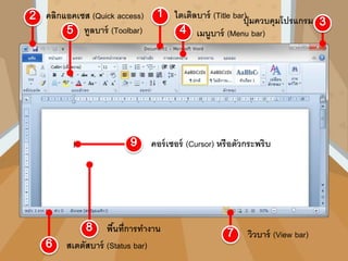 ไตเติลบาร์ (Title bar)คลิกแอคเซส (Quick access) ปุ่มควบคุมโปรแกรม
เมนูบาร์ (Menu bar)ทูลบาร์ (Toolbar)
สเตตัสบาร์ (Status bar)
วิวบาร์ (View bar)พื้นที่การทางาน
คอร์เซอร์ (Cursor) หรือตัวกระพริบ
 