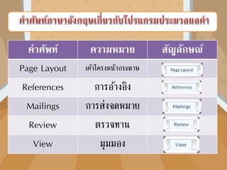 คาศัพท์ ความหมาย สัญลักษณ์
Page Layout เค้าโครงหน้ากระดาษ
References การอ้างอิง
Mailings การส่งจดหมาย
Review ตรวจทาน
View มุมมอง
 