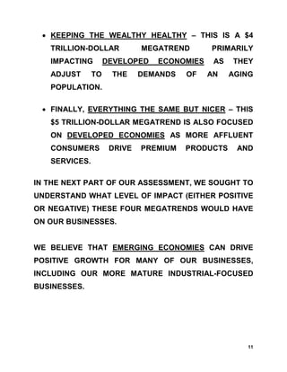 • KEEPING THE WEALTHY HEALTHY – THIS IS A $4
   TRILLION-DOLLAR           MEGATREND      PRIMARILY
   IMPACTING        DEVELOPED   ECONOMIES    AS   THEY
   ADJUST      TO    THE     DEMANDS   OF   AN    AGING
   POPULATION.

 • FINALLY, EVERYTHING THE SAME BUT NICER – THIS
   $5 TRILLION-DOLLAR MEGATREND IS ALSO FOCUSED
   ON DEVELOPED ECONOMIES AS MORE AFFLUENT
   CONSUMERS         DRIVE   PREMIUM   PRODUCTS    AND
   SERVICES.

IN THE NEXT PART OF OUR ASSESSMENT, WE SOUGHT TO
UNDERSTAND WHAT LEVEL OF IMPACT (EITHER POSITIVE
OR NEGATIVE) THESE FOUR MEGATRENDS WOULD HAVE
ON OUR BUSINESSES.


WE BELIEVE THAT EMERGING ECONOMIES CAN DRIVE
POSITIVE GROWTH FOR MANY OF OUR BUSINESSES,
INCLUDING OUR MORE MATURE INDUSTRIAL-FOCUSED
BUSINESSES.




                                                     11
 
