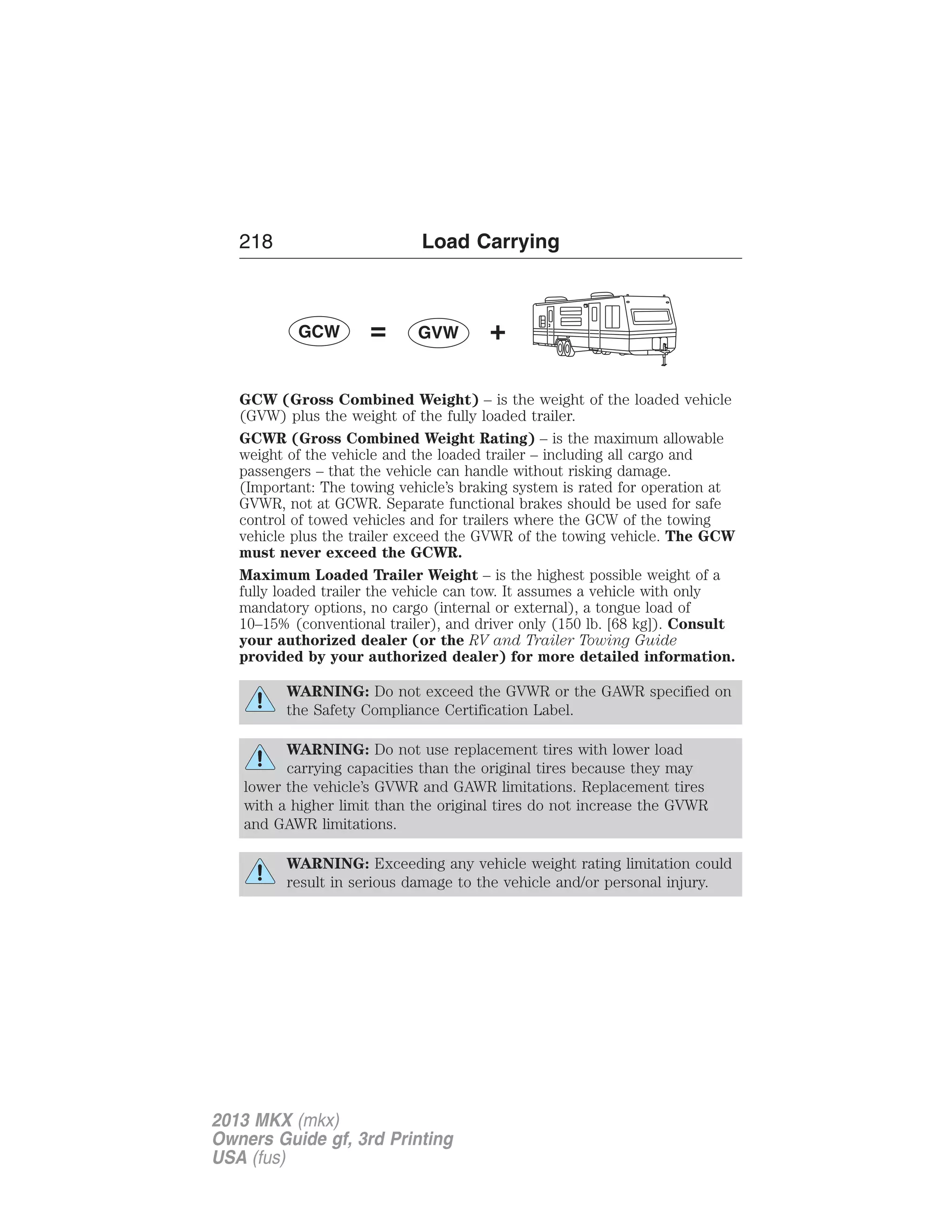 218 Load Carrying 
GCW (Gross Combined Weight) – is the weight of the loaded vehicle 
(GVW) plus the weight of the fully loaded trailer. 
GCWR (Gross Combined Weight Rating) – is the maximum allowable 
weight of the vehicle and the loaded trailer – including all cargo and 
passengers – that the vehicle can handle without risking damage. 
(Important: The towing vehicle’s braking system is rated for operation at 
GVWR, not at GCWR. Separate functional brakes should be used for safe 
control of towed vehicles and for trailers where the GCW of the towing 
vehicle plus the trailer exceed the GVWR of the towing vehicle. The GCW 
must never exceed the GCWR. 
Maximum Loaded Trailer Weight – is the highest possible weight of a 
fully loaded trailer the vehicle can tow. It assumes a vehicle with only 
mandatory options, no cargo (internal or external), a tongue load of 
10–15% (conventional trailer), and driver only (150 lb. [68 kg]). Consult 
your authorized dealer (or the RV and Trailer Towing Guide 
provided by your authorized dealer) for more detailed information. 
WARNING: Do not exceed the GVWR or the GAWR specified on 
the Safety Compliance Certification Label. 
WARNING: Do not use replacement tires with lower load 
carrying capacities than the original tires because they may 
lower the vehicle’s GVWR and GAWR limitations. Replacement tires 
with a higher limit than the original tires do not increase the GVWR 
and GAWR limitations. 
WARNING: Exceeding any vehicle weight rating limitation could 
result in serious damage to the vehicle and/or personal injury. 
2013 MKX (mkx) 
Owners Guide gf, 3rd Printing 
USA (fus) 
 