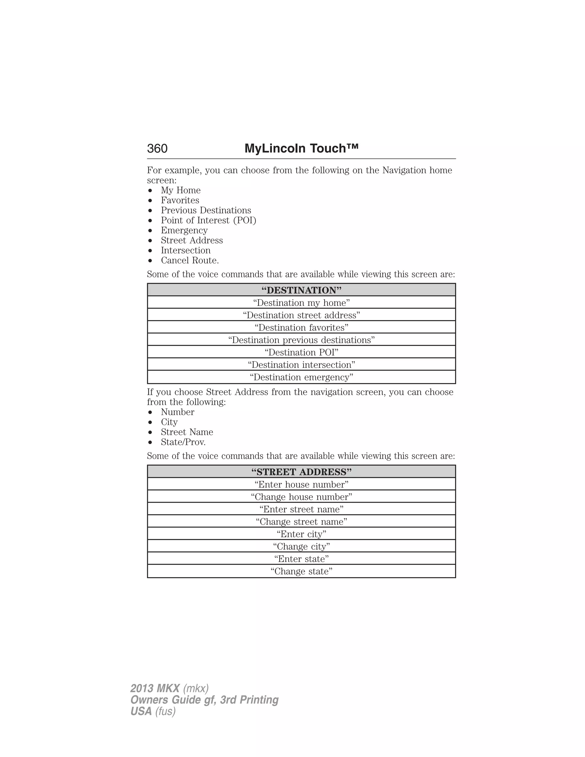360 MyLincoln Touch™ 
For example, you can choose from the following on the Navigation home 
screen: 
• My Home 
• Favorites 
• Previous Destinations 
• Point of Interest (POI) 
• Emergency 
• Street Address 
• Intersection 
• Cancel Route. 
Some of the voice commands that are available while viewing this screen are: 
“DESTINATION” 
“Destination my home” 
“Destination street address” 
“Destination favorites” 
“Destination previous destinations” 
“Destination POI” 
“Destination intersection” 
“Destination emergency” 
If you choose Street Address from the navigation screen, you can choose 
from the following: 
• Number 
• City 
• Street Name 
• State/Prov. 
Some of the voice commands that are available while viewing this screen are: 
“STREET ADDRESS” 
“Enter house number” 
“Change house number” 
“Enter street name” 
“Change street name” 
“Enter city” 
“Change city” 
“Enter state” 
“Change state” 
2013 MKX (mkx) 
Owners Guide gf, 3rd Printing 
USA (fus) 
 