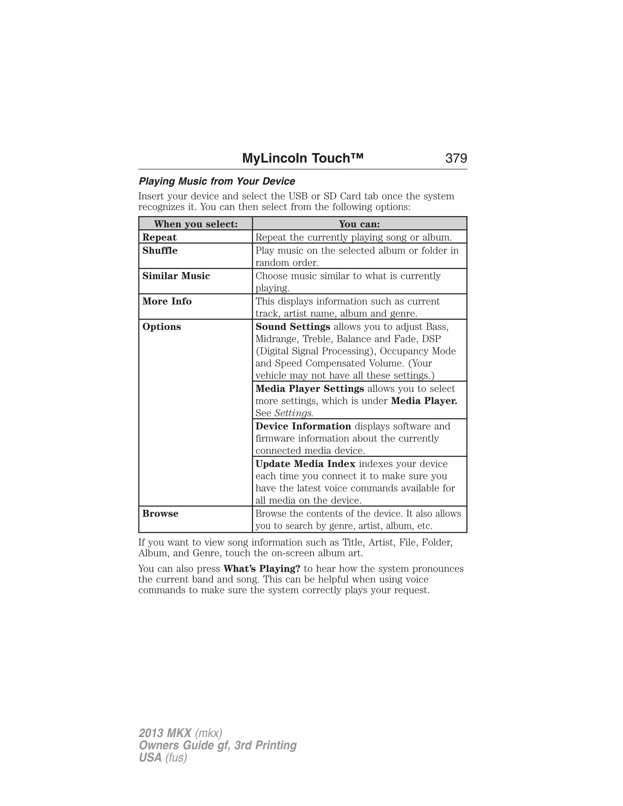 MyLincoln Touch™ 379 
Playing Music from Your Device 
Insert your device and select the USB or SD Card tab once the system 
recognizes it. You can then select from the following options: 
When you select: You can: 
Repeat Repeat the currently playing song or album. 
Shuffle Play music on the selected album or folder in 
random order. 
Similar Music Choose music similar to what is currently 
playing. 
More Info This displays information such as current 
track, artist name, album and genre. 
Options Sound Settings allows you to adjust Bass, 
Midrange, Treble, Balance and Fade, DSP 
(Digital Signal Processing), Occupancy Mode 
and Speed Compensated Volume. (Your 
vehicle may not have all these settings.) 
Media Player Settings allows you to select 
more settings, which is under Media Player. 
See Settings. 
Device Information displays software and 
firmware information about the currently 
connected media device. 
Update Media Index indexes your device 
each time you connect it to make sure you 
have the latest voice commands available for 
all media on the device. 
Browse Browse the contents of the device. It also allows 
you to search by genre, artist, album, etc. 
If you want to view song information such as Title, Artist, File, Folder, 
Album, and Genre, touch the on-screen album art. 
You can also press What’s Playing? to hear how the system pronounces 
the current band and song. This can be helpful when using voice 
commands to make sure the system correctly plays your request. 
2013 MKX (mkx) 
Owners Guide gf, 3rd Printing 
USA (fus) 
 