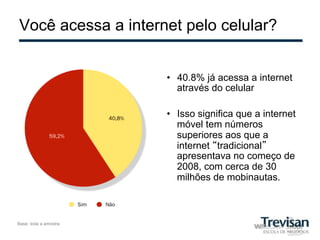 Você acessa a internet pelo celular?


                       •  40.8% já acessa a internet
                          através do celular

                       •  Isso significa que a internet
                          móvel tem números
                          superiores aos que a
                          internet “tradicional”
                          apresentava no começo de
                          2008, com cerca de 30
                          milhões de mobinautas.



Base: toda a amostra
 