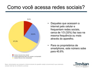 Como você acessa redes sociais?

                                                                       •  Daqueles que acessam a
                                                                          internet pelo celular e
                                                                          frequentam redes sociais,
                                                                          cerca de 1/3 (33%) faz isso na
                                                                          mesma frequência ou mais
                                                                          através do aparelho.

                                                                       •  Para os proprietários de
                                                                          smartphone, este número sobe
                                                                          para 40.8%



Base: entrevistados que acessam a internet através do aparelho celular convencional e que costumam
acessar este tipo de conteúdo ou serviço
 