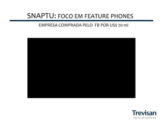 SNAPTU:	
  FOCO	
  EM	
  FEATURE	
  PHONES
                                         	
  
    EMPRESA	
  COMPRADA	
  PELO	
  	
  FB	
  POR	
  US$	
  70	
  mi
                                                                  	
  
 