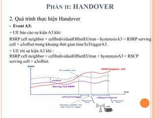 PHẦN II: HANDOVER
2. Quá trình thực hiện Handover
- Event A3:
+ UE báo cáo sự kiện A3 khi:
RSRP cell neighbor + cellIndividualOffsetEUtran - hysteresisA3 > RSRP serving
cell + a3offset trong khoảng thời gian timeToTriggerA3.
+ UE rời sự kiện A3 khi :
RSRP cell neighbor + cellIndividualOffsetEUtran + hysteresisA3 < RSCP
serving cell + a3offset.
 
