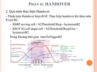 PHẦN II: HANDOVER
2. Quá trình thực hiện Handover
- Thuật toán Handover Inter-RAT: Thực hiện handover khi thỏa mãn
Event B2.
 RSRP serving cell < b2Threshold1Rsrp - hysteresisB2
 RSCP 3G cell target cell > b2Threshold2RscpUtra +
hysteresisB2.
Trong khoảng thời gian timeToTriggerB2
 