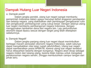 Dampak Hutang Luar Negeri Indonesia
a. Dampak positif
Dalam jangka pendek, utang luar negeri sangat membantu
pemerintah Indonesia dalam upaya menutup defisit anggaran pendapatan
dan belanja negara, yang diakibatkan oleh pembiayaan pengeluaran rutin
dan pengeluaran pembangunan yang cukup besar. Dengan adanya utang
luar negeri membantu pembangunan negara Indonesia, dengan
menggunakan tambahan dana dari negara lain. Laju pertumbuhan
ekonomi dapat dipacu sesuai dengan target yang telah ditetapkan
sebelumnya.
b. Dampak Negatif
Dalam jangka panjang utang luar negeri dapat menimbulkan
berbagai macam persoalan ekonomi negara Indonesia, salah satunya
dapat menyebabkan nilai tukar rupiah jatuh(Inflasi). Utang luar negeri
dapat memberatkan posisi APBN RI, karena utang luar negeri tersebut
harus dibayarkan beserta dengan bunganya. Negara akan dicap sebagai
negara miskin dan tukang utang, karena tidak mampu untuk mengatasi
perekonomian negara sendiri, (hingga membutuhkan campur tangan dari
pihak lain).
 