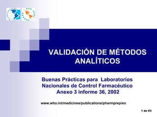 1 de 83
Buenas Prácticas para Laboratorios
Nacionales de Control Farmacéutico
Anexo 3 informe 36, 2002
VALIDACIÓN DE MÉTODOS
ANALÍTICOS
www.who.int/medicines/publications/pharmprep/en
 