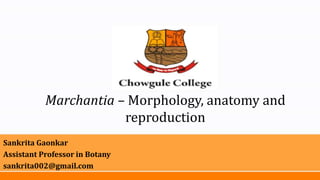 Marchantia – Morphology, anatomy and
reproduction
Sankrita Gaonkar
Assistant Professor in Botany
sankrita002@gmail.com
 