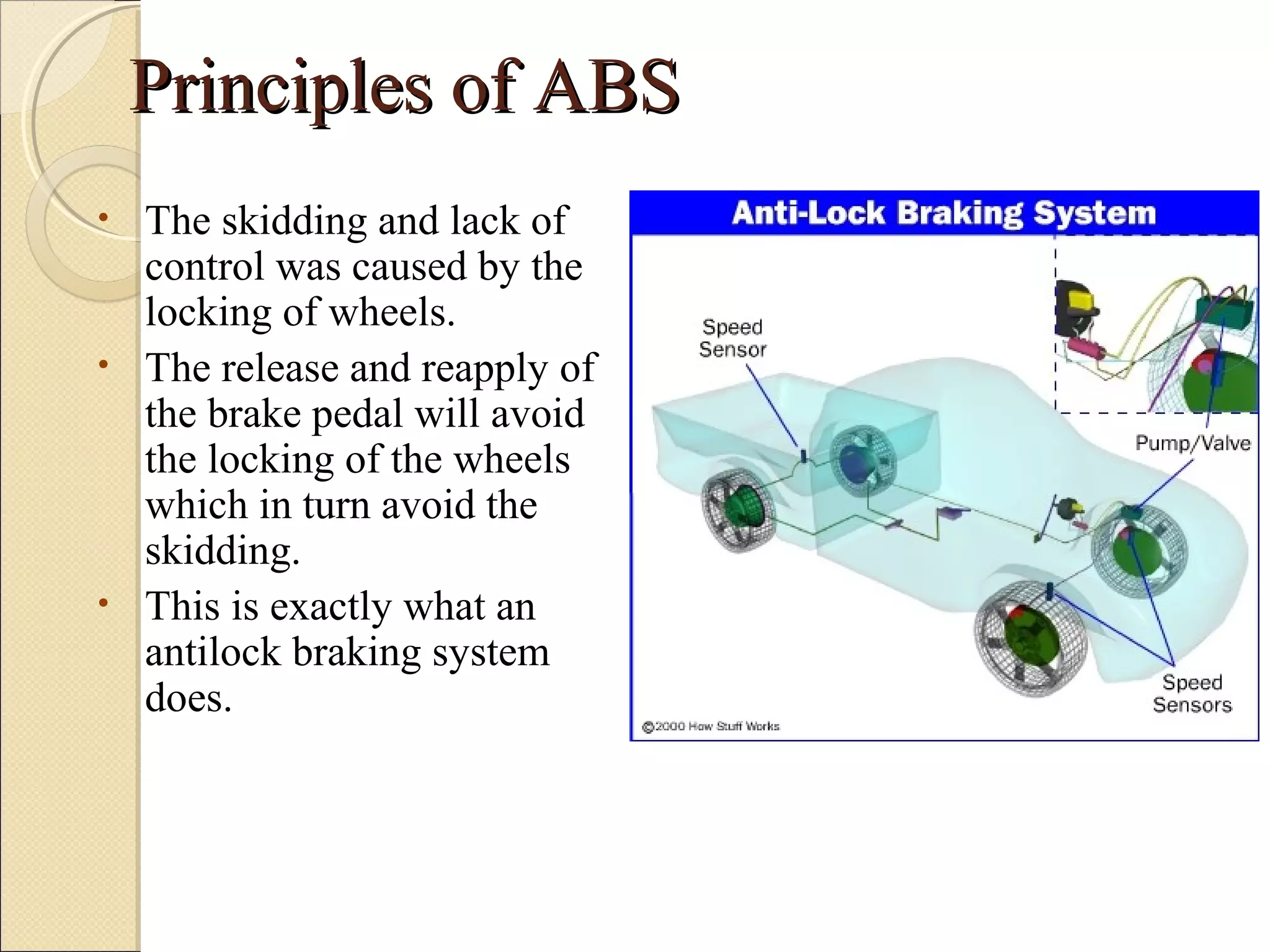 PPrriinncciipplleess ooff AABBSS 
• The skidding and lack of 
control was caused by the 
locking of wheels. 
• The release and reapply of 
the brake pedal will avoid 
the locking of the wheels 
which in turn avoid the 
skidding. 
• This is exactly what an 
antilock braking system 
does. 
 