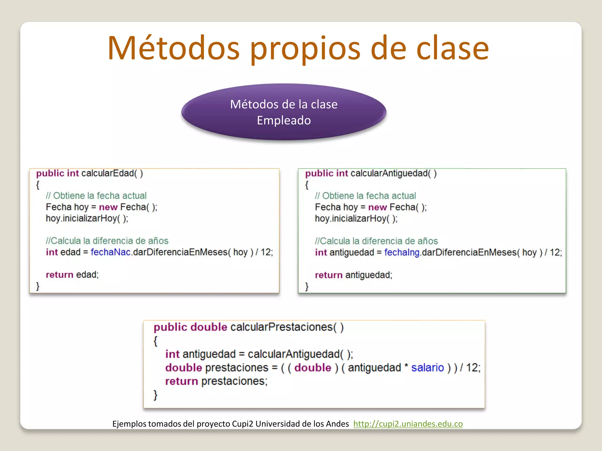 Métodos propios de clase
Métodos de la clase
Empleado
Ejemplos tomados del proyecto Cupi2 Universidad de los Andes http://cupi2.uniandes.edu.co
 