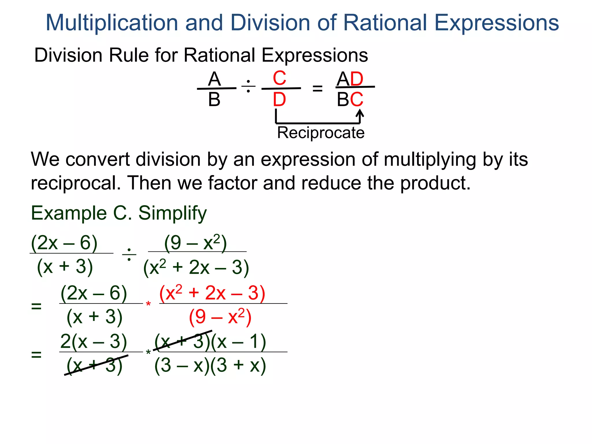 Division Rule for Rational Expressions
Multiplication and Division of Rational Expressions
A
B
C
D
÷ =
AD
BC
Reciprocate
Example C. Simplify
(2x – 6)
(x + 3)
÷
(x2 + 2x – 3)
(9 – x2)
=
(2x – 6)
(x + 3)
(x2 + 2x – 3)
(9 – x2)
*
=
2(x – 3)
(x + 3)
(x + 3)(x – 1)
(3 – x)(3 + x)
*
(9 – x2)
We convert division by an expression of multiplying by its
reciprocal. Then we factor and reduce the product.
 
