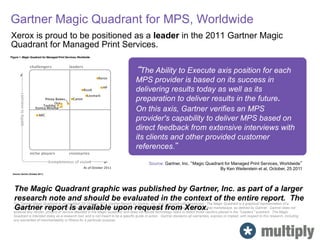 Source: Gartner, Inc. “Magic Quadrant for Managed Print Services, Worldwide”
By Ken Weilerstein et al, October, 25 2011
Xerox is proud to be positioned as a leader in the 2011 Gartner Magic
Quadrant for Managed Print Services.
The Gartner Magic Quadrant is copyrighted (25 October 2011 Gartner Report) by Gartner, Inc., and is reused with permission. The Magic Quadrant is a graphical representation of a
marketplace at and for a specific time period. It depicts Gartner’s analysis of how certain vendors measure against criteria for that marketplace, as defined by Gartner. Gartner does not
endorse any vendor, product or service depicted in the Magic Quadrant, and does not advise technology users to select those vendors placed in the “Leaders” quadrant. The Magic
Quadrant is intended solely as a research tool, and is not meant to be a specific guide to action. Gartner disclaims all warranties, express or implied, with respect to this research, including
any warranties of merchantability or fitness for a particular purpose.
The Magic Quadrant graphic was published by Gartner, Inc. as part of a larger
research note and should be evaluated in the context of the entire report. The
Gartner report is available upon request from Xerox.
Gartner Magic Quadrant for MPS, Worldwide
“The Ability to Execute axis position for each
MPS provider is based on its success in
delivering results today as well as its
preparation to deliver results in the future.
On this axis, Gartner verifies an MPS
provider's capability to deliver MPS based on
direct feedback from extensive interviews with
its clients and other provided customer
references.”
 