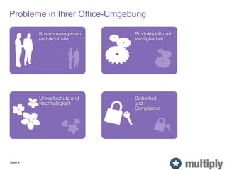 Probleme in Ihrer Office-Umgebung
Seite 4
Kostenmanagement
und -kontrolle
Umweltschutz und
Nachhaltigkeit
Produktivität und
Verfügbarkeit
Sicherheit
und
Compliance
 