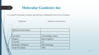 Molecular Geodesics Inc 
Is a medical technology company specializing in implantable and invasive therapies. 
Cellulose Dialysis membranes 
9/26/2014 
6 
General Information 
Location Cambridge, Mass. 
Region New England 
Country U.S. 
Business Category Dermatology 
Year Founded 1996 
 