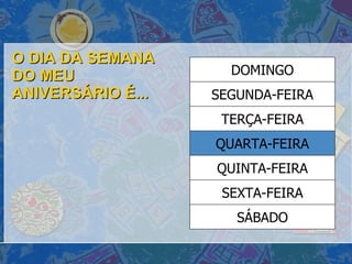 O DIA DA SEMANA DO MEU ANIVERSÁRIO É... SÁBADO SEXTA-FEIRA QUINTA-FEIRA QUARTA-FEIRA TERÇA-FEIRA SEGUNDA-FEIRA DOMINGO 