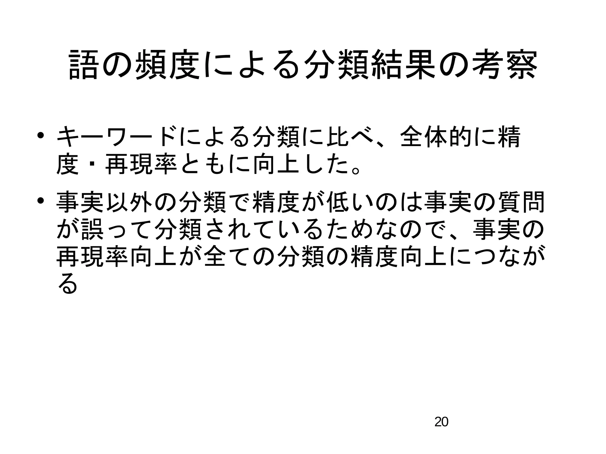 語の頻度による分類結果の考察 
 キーワードによる分類に比べ、全体的に精 
度・再現率ともに向上した。 
 事実以外の分類で精度が低いのは事実の質問 
が誤って分類されているためなので、事実の 
再現率向上が全ての分類の精度向上につなが 
る 
20 
 