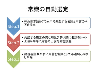 常識の自動選定	
Step.1	
• Web日本語Nグラム中で共起する名詞と用言のペ
アを抽出	
Step.2	
• 共起する用言の異なり数が多い順に名詞をソート	
• 上位N件毎に用言の出現分布を調査	
Step.3	
• 出現名詞数が多い用言を常識として不適切とみな
し削除	
 