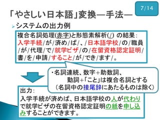 システムの出力例
入力：
入学手続が済めば、日本語学校の職員が代理
で就学ビザの在留資格認定証明書を申請する
ことができます。
出力：
入学手続が済めば、日本語学校の人が代わり
で就学ビザの在留資格認定証明の紙を申し込
みすることができます。
複合名詞処理(赤字)と形態素解析(/) の結果：
入学手続/が/済め/ば/、/日本語学校/の/職員
/が/代理/で/就学ビザ/の/在留資格認定証明/
書/を/申請/すること/が/でき/ます/。
7/14
・名詞連続、数字+助数詞、
動詞+「こと」は複合名詞とする
（名詞中の接尾辞にあたるものは除く）
 