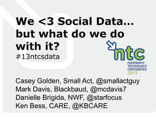 We <3 Social Data…
but what do we do
with it?
#13ntcsdata


Casey Golden, Small Act, @smallactguy
Mark Davis, Blackbaud, @mcdavis7
Danielle Brigida, NWF, @starfocus
Ken Bess, CARE, @KBCARE
 