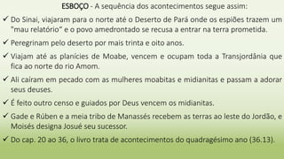 ESBOÇO - A sequência dos acontecimentos segue assim:
 Do Sinai, viajaram para o norte até o Deserto de Pará onde os espiões trazem um
"mau relatório“ e o povo amedrontado se recusa a entrar na terra prometida.
 Peregrinam pelo deserto por mais trinta e oito anos.
 Viajam até as planícies de Moabe, vencem e ocupam toda a Transjordânia que
fica ao norte do rio Amom.
 Ali caíram em pecado com as mulheres moabitas e midianitas e passam a adorar
seus deuses.
 É feito outro censo e guiados por Deus vencem os midianitas.
 Gade e Rúben e a meia tribo de Manassés recebem as terras ao leste do Jordão, e
Moisés designa Josué seu sucessor.
 Do cap. 20 ao 36, o livro trata de acontecimentos do quadragésimo ano (36.13).
 