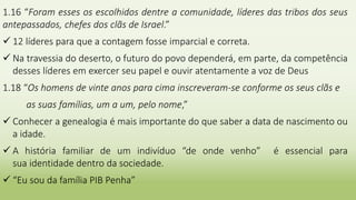 1.16 “Foram esses os escolhidos dentre a comunidade, líderes das tribos dos seus
antepassados, chefes dos clãs de Israel.”
 12 líderes para que a contagem fosse imparcial e correta.
 Na travessia do deserto, o futuro do povo dependerá, em parte, da competência
desses líderes em exercer seu papel e ouvir atentamente a voz de Deus
1.18 “Os homens de vinte anos para cima inscreveram-se conforme os seus clãs e
as suas famílias, um a um, pelo nome,”
 Conhecer a genealogia é mais importante do que saber a data de nascimento ou
a idade.
 A história familiar de um indivíduo “de onde venho” é essencial para
sua identidade dentro da sociedade.
 “Eu sou da família PIB Penha”
 