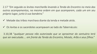 20
2.17 “Em seguida os levitas marcharão levando a Tenda do Encontro no meio dos
outros acampamentos, na mesma ordem em que acamparem, cada um em seu
próprio lugar, junto à sua bandeira.”
 Metade das tribos marchava diante da tenda e metade atrás.
 Os levitas e os sacerdotes acampavam ao lado do Tabernáculo:
3.10,38 “qualquer pessoa não autorizada que se aproximar do santuário terá
que ser executada.... em frente da Tenda do Encontro, Moisés, Arão e seus filhos.”
 