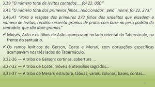 3.39 “O número total de levitas contados.....foi 22. 000.”
3.43 “O número total dos primeiros filhos...relacionados pelo nome, foi 22. 273.”
3.46,47 “Para o resgate dos primeiros 273 filhos dos israelitas que excedem o
número de levitas, recolha sessenta gramas de prata, com base no peso padrão do
santuário, que são doze gramas.”
 Moisés, Arão e os filhos de Arão acampavam no lado oriental do Tabernáculo, na
frente do santuário.
 Os ramos levíticos de Gerson, Coate e Merari, com obrigações específicas
acampavam nos três lados do Tabernáculo.
3.22-26 — A tribo de Gérson: cortinas, cobertura ...
3.27-32 — A tribo de Coate: móveis e utensílios sagrados...
3.33-37 — A tribo de Merari: estrutura, tábuas, varais, colunas, bases, cordas...
22
 