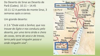 Do Deserto do Sinai ao Deserto de
Parã (Cades). 10.11 – 14.45
10.11-12 A partida do monte Sinai, 3
semanas após o censo.
Um grande deserto:
Jr 2.6 “Onde está o Senhor, que nos
trouxe do Egito e nos conduziu pelo
deserto, por uma terra árida e cheia
de covas, terra de seca e de trevas,
terra pela qual ninguém passa e
onde ninguém vive”.
37
 