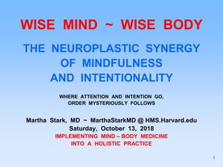 WISE MIND ~ WISE BODY
THE NEUROPLASTIC SYNERGY
OF MINDFULNESS
AND INTENTIONALITY
WHERE ATTENTION AND INTENTION GO,
ORDER MYSTERIOUSLY FOLLOWS
Martha Stark, MD ~ MarthaStarkMD @ HMS.Harvard.edu
Saturday, October 13, 2018
IMPLEMENTING MIND – BODY MEDICINE
INTO A HOLISTIC PRACTICE
1
 